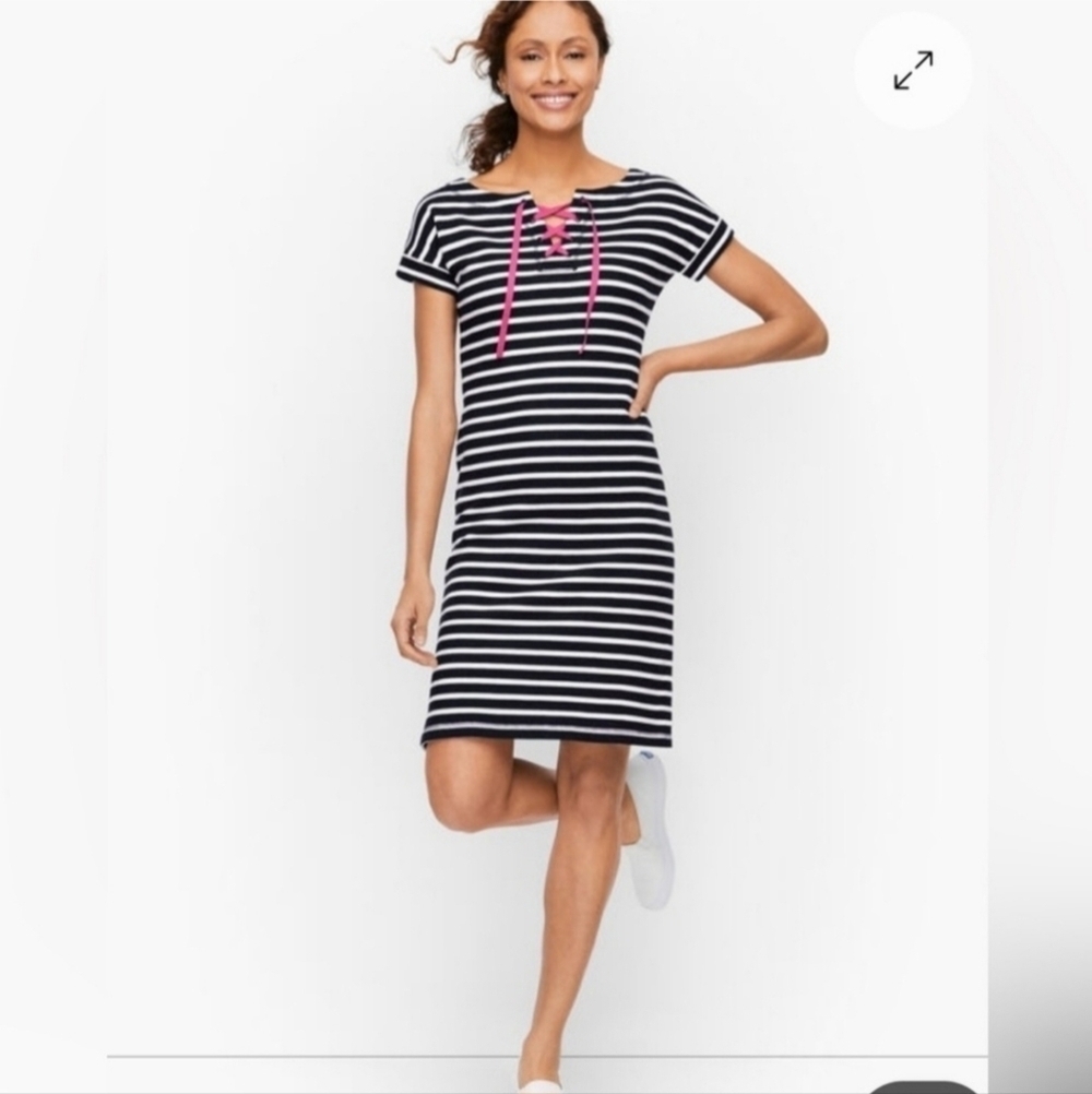 T by Talbots Terry Dress Black White Stripe Pink Lace Up Front Women's Size XS